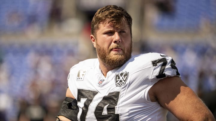 Sep 15, 2024; Baltimore, Maryland, USA; Las Vegas Raiders offensive tackle Kolton Miller (74) before the game against the Baltimore Ravens at M&T Bank Stadium. Mandatory Credit: Tommy Gilligan-Imagn Images Sep 15, 2024; Baltimore, Maryland, USA; Las Vegas Raiders offensive tackle Kolton Miller (74) before the game against the Baltimore Ravens at M&T Bank Stadium. Mandatory Credit: Tommy Gilligan-Imagn Images