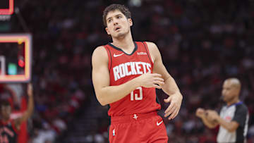 Feb 9, 2025; Houston, Texas, USA; Houston Rockets guard Reed Sheppard (15) reacts after a play during the game against the Toronto Raptors at Toyota Center. Mandatory Credit: Troy Taormina-Imagn Images