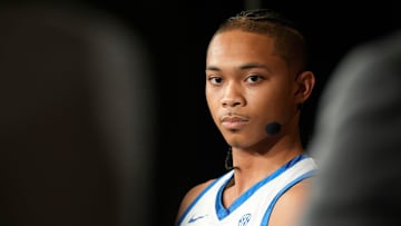 Oct 14, 2025; Birmingham, Alabama, USA; Kentucky player Jaland Lowe listens to a question at SEC Media Day in the Grand Bohemian Hotel.