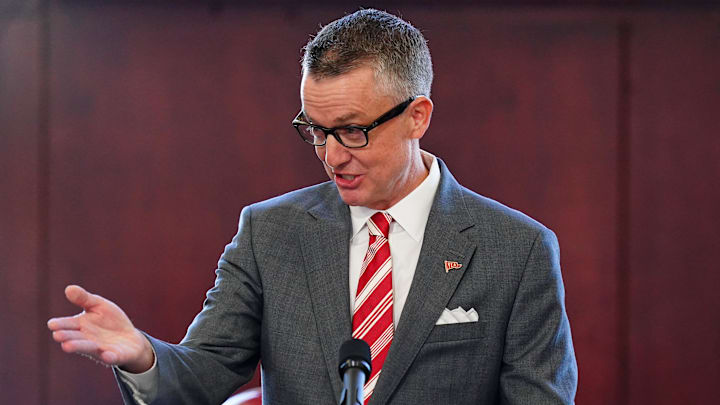 Jan 13, 2024; Tuscaloosa, AL, USA; University of Alabama athletic director Greg Byrne speaks during a press conference to introduce their new head football coach Kalen DeBoer (not pictured) in the North end zone at Bryant-Denny Stadium. Mandatory Credit: John David Mercer-Imagn Images