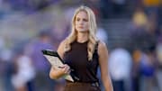 Oct 14, 2023; Baton Rouge, Louisiana, USA; ESPN sideline reporter Katie George walks the field before a game between the LSU Tigers and the Auburn Tigers at Tiger Stadium. Mandatory Credit: Matthew Hinton-Imagn Images