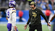 Nov 2, 2025; Detroit, Michigan, USA; Minnesota Vikings head coach Kevin O'Connell greets quarterback J.J. McCarthy (9) after throwing a touchdown pass in the first quarter at Ford Field.