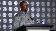 Oct 10, 2024; Charlotte, NC, USA;  Boston College head coach Earl Grant answers questions from the media at The Hilton Charlotte Uptown. Mandatory Credit: Jim Dedmon-Imagn Images