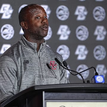 Oct 10, 2024; Charlotte, NC, USA;  Boston College head coach Earl Grant answers questions from the media at The Hilton Charlotte Uptown. Mandatory Credit: Jim Dedmon-Imagn Images