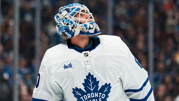 Jan 31, 2026; Vancouver, British Columbia, CAN; Toronto Maple Leafs goalie Joseph Woll (60) during a stop in play against the Vancouver Canucks in the second period at Rogers Arena. Mandatory Credit: Bob Frid-Imagn Images