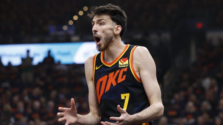 May 15, 2024; Oklahoma City, Oklahoma, USA; Oklahoma City Thunder forward Chet Holmgren (7) reacts to an official’s call after a play against the Dallas Mavericks during the first quarter of game five of the second round for the 2024 NBA playoffs at Paycom Center. Mandatory Credit: Alonzo Adams-USA TODAYchet Holmgren Sports