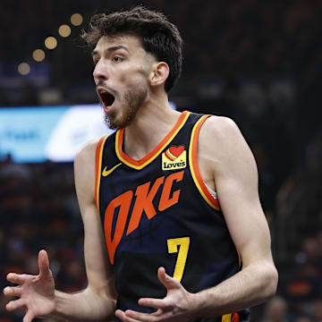 May 15, 2024; Oklahoma City, Oklahoma, USA; Oklahoma City Thunder forward Chet Holmgren (7) reacts to an official’s call after a play against the Dallas Mavericks during the first quarter of game five of the second round for the 2024 NBA playoffs at Paycom Center. 