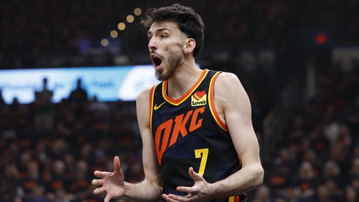 May 15, 2024; Oklahoma City, Oklahoma, USA; Oklahoma City Thunder forward Chet Holmgren (7) reacts to an official’s call after a play against the Dallas Mavericks during the first quarter of game five of the second round for the 2024 NBA playoffs at Paycom Center. Mandatory Credit: Alonzo Adams-USA TODAY Sports