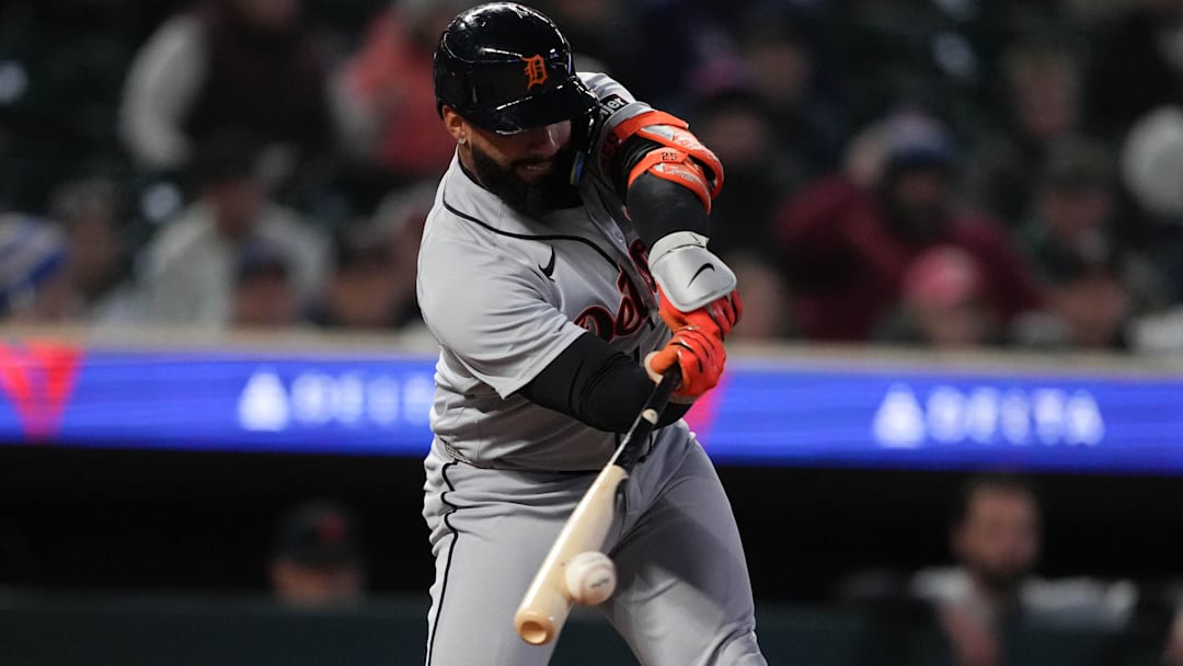 Apr 8, 2026; Minneapolis, Minnesota, USA; Detroit Tigers designated hitter Gleyber Torres (25) hits a single during the sixth inning against the Minnesota Twins at Target Field. Mandatory Credit: Jordan Johnson-Imagn Images