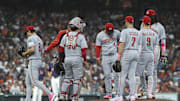 May 11, 2025; Houston, Texas, USA; Cincinnati Reds starting pitcher Chase Petty (61) walks off the mound after a pitching change in the fourth inning against the Houston Astros at Daikin Park. Mandatory Credit: Troy Taormina-Imagn Images