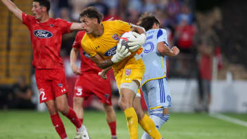 Jul 9, 2024; Kennesaw, Georgia, USA; Indy Eleven goalkeeper Hunter Sulte (0) makes a save against the Atlanta United in the second half at Fifth Third Bank Stadium. Mandatory Credit: Brett Davis-USA TODAY Sports