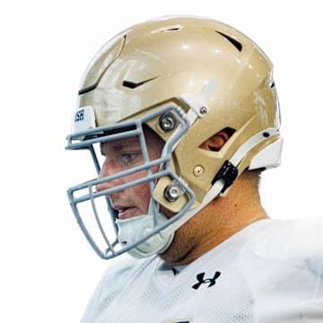 Notre Dame offensive lineman Ashton Craig participates in a drill during a Notre Dame football practice at Irish Athletic Center on Thursday, Aug. 15, 2024, in South Bend.