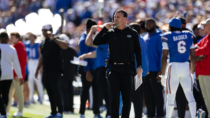 Nov 23, 2024; Gainesville, Florida, USA; Florida Gators head coach Billy Napier looks on against the Mississippi Rebels during the first half at Ben Hill Griffin Stadium. Mandatory Credit: Matt Pendleton-Imagn Images