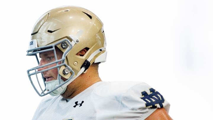 Notre Dame offensive lineman Ashton Craig participates in a drill during a Notre Dame football practice at Irish Athletic Center on Thursday, Aug. 15, 2024, in South Bend.