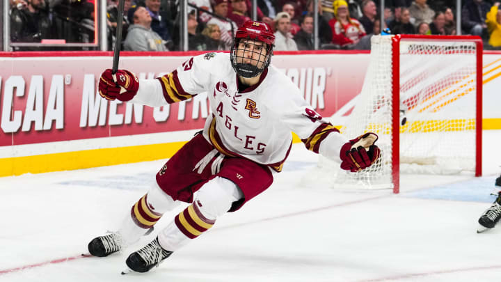 Apr 11, 2024; Saint Paul, Minnesota, USA; Boston College Eagles forward Cutter Gauthier (19) celebrates his goal in the semifinals of the 2024 Frozen Four college ice hockey tournament during the second period against the Michigan Wolverines at Xcel Energy Center. Mandatory Credit: Brace Hemmelgarn-USA TODAY Sports