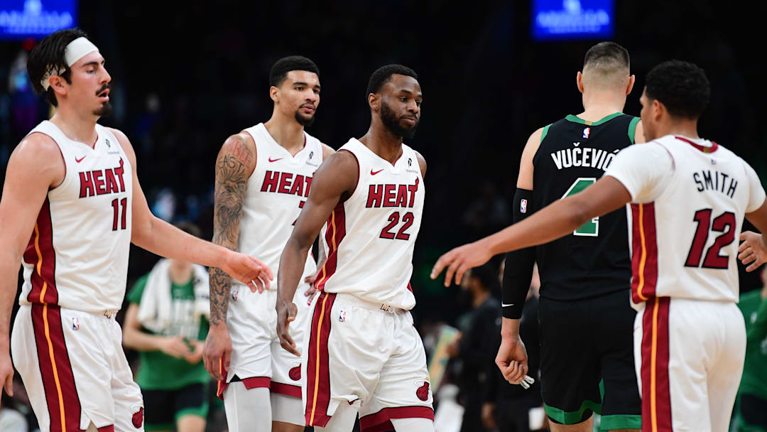 Feb 6, 2026; Boston, Massachusetts, USA; Miami Heat forward Andrew Wiggins (22) I congratulated by his teammates during the first half against the Boston Celtics at TD Garden. Mandatory Credit: Bob DeChiara-Imagn Images Feb 6, 2026; Boston, Massachusetts, USA; Miami Heat forward Andrew Wiggins (22) I congratulated by his teammates during the first half against the Boston Celtics at TD Garden. Mandatory Credit: Bob DeChiara-Imagn Images