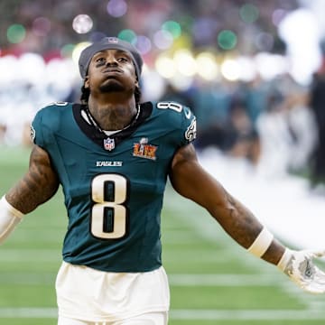 Feb 9, 2025; New Orleans, LA, USA; Philadelphia Eagles safety C.J. Gardner-Johnson (8) against the Kansas City Chiefs during Super Bowl LIX at Ceasars Superdome. Mandatory Credit: Mark J. Rebilas-Imagn Images