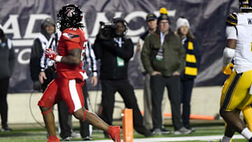 Texas Tech's running back Tahj Brooks (28) scored s touchdown against California in the Independence Bowl game, Saturday, Dec. 16, 2023, at Independence Stadium in Shreveport, La.