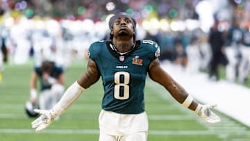 Feb 9, 2025; New Orleans, LA, USA; Philadelphia Eagles safety C.J. Gardner-Johnson (8) against the Kansas City Chiefs during Super Bowl LIX at Ceasars Superdome. Mandatory Credit: Mark J. Rebilas-Imagn Images