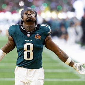 Feb 9, 2025; New Orleans, LA, USA; Philadelphia Eagles safety C.J. Gardner-Johnson (8) against the Kansas City Chiefs during Super Bowl LIX at Ceasars Superdome. Mandatory Credit: Mark J. Rebilas-Imagn Images