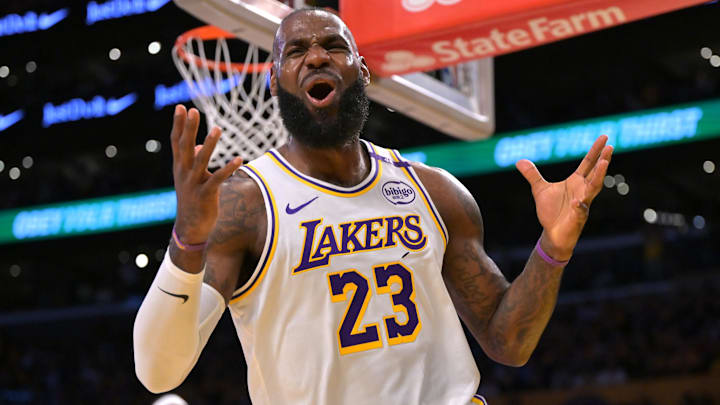 Apr 19, 2025; Los Angeles, California, USA; Los Angeles Lakers forward LeBron James (23) reacts after missing a pass in the first quarter against the Minnesota Timberwolves at Crypto.com Arena. Mandatory Credit: Jayne Kamin-Oncea-Imagn Images Apr 19, 2025; Los Angeles, California, USA; Los Angeles Lakers forward LeBron James (23) reacts after missing a pass in the first quarter against the Minnesota Timberwolves at Crypto.com Arena. Mandatory Credit: Jayne Kamin-Oncea-Imagn Images
