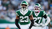 New York Jets cornerback Azareye'h Thomas (23) and New York Jets defensive back Malachi Moore (27) celebrate during a game against the Carolina Panthers at MetLife Stadium, Oct 19, 2025, East Rutherford, NJ, USA.