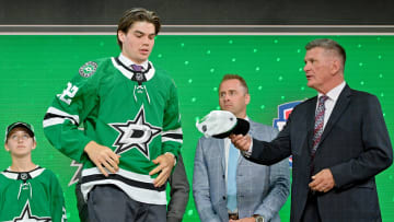 Jul 7, 2022; Montreal, Quebec, CANADA; Lian Bichsel after being selected as the number eighteen overall pick to the Dallas Stars in the first round of the 2022 NHL Draft at Bell Centre. Mandatory Credit: Eric Bolte-USA TODAY Sports