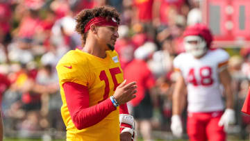 Jul 26, 2024; Kansas City, MO, USA; Kansas City Chiefs quarterback Patrick Mahomes (15) reacts during training camp at Missouri Western State University. Mandatory Credit: Denny Medley-USA TODAY Sports