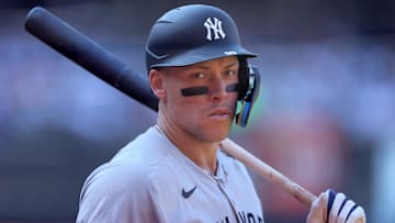 New York City, New York, USA; New York Yankees right fielder Aaron Judge (99) waits on deck during the third inning against the New York Mets at Citi Field.