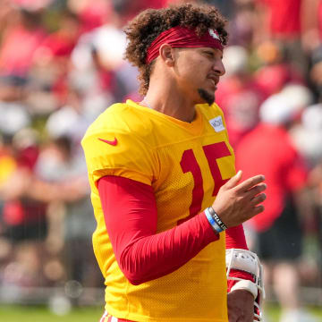 Jul 26, 2024; Kansas City, MO, USA; Kansas City Chiefs quarterback Patrick Mahomes (15) reacts during training camp at Missouri Western State University. Mandatory Credit: Denny Medley-USA TODAY Sports