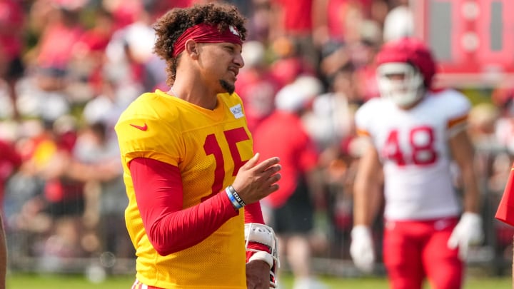 Jul 26, 2024; Kansas City, MO, USA; Kansas City Chiefs quarterback Patrick Mahomes (15) reacts during training camp at Missouri Western State University. Mandatory Credit: Denny Medley-USA TODAY Sports