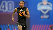 Mar 1, 2025; Indianapolis, IN, USA; Oregon wideout Tez Johnson (WO24) during the 2025 NFL Combine at Lucas Oil Stadium. 