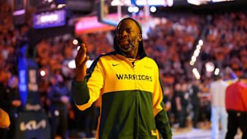Golden State Warriors forward Draymond Green (23) blows a kiss towards the crowd before the start of the game against the Minnesota Timberwolves during game four of the second round for the 2025 NBA Playoffs at Chase Center. Mandatory Credit: Cary Edmondson-Imagn Images