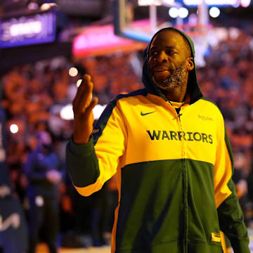 May 12, 2025; San Francisco, California, USA; Golden State Warriors forward Draymond Green (23) blows a kiss towards the crowd before the start of the game against the Minnesota Timberwolves during game four of the second round for the 2025 NBA Playoffs at Chase Center. Mandatory Credit: Cary Edmondson-Imagn Images