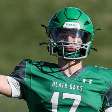 Blair Oaks all-state senior quarterback accounted for six touchdowns on Friday and guided the No. 15 Falcons to a 44-26 victory over No. 5 Lutheran North at Blair Oaks High School in Wardsville.