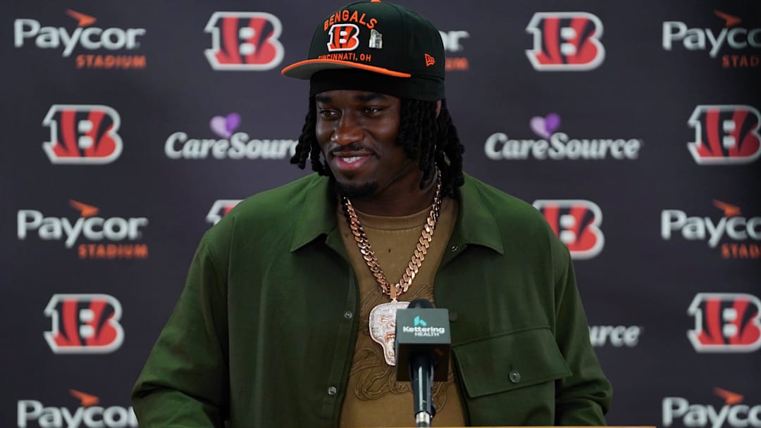 Cincinnati Bengals first-round draft pick Shemar Stewart speaks during a press conference, Friday, April 25, 2025, at Paycor Stadium in Downtown Cincinnati.