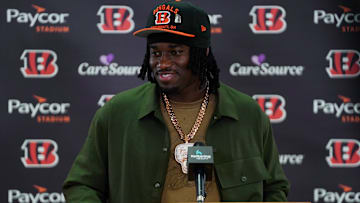 Cincinnati Bengals first-round draft pick Shemar Stewart speaks during a press conference, Friday, April 25, 2025, at Paycor Stadium in Downtown Cincinnati.