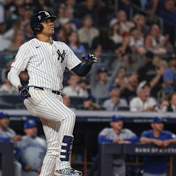 New York Yankees right fielder Juan Soto (22) looks up at his two run home run during the sixth inning against the Kansas City Royals at Yankee Stadium on Sept 11.