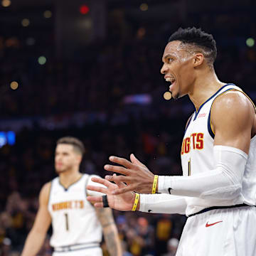 May 5, 2025; Oklahoma City, Oklahoma, USA; Denver Nuggets guard Russell Westbrook (4) reacts after a play against the Oklahoma City Thunder during the second half during game one of the second round for the 2025 NBA Playoffs at Paycom Center. Mandatory Credit: Alonzo Adams-Imagn Images