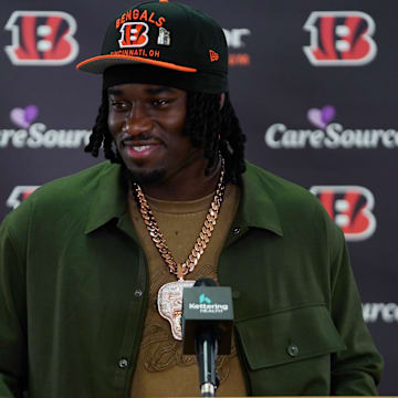 Cincinnati Bengals first-round draft pick Shemar Stewart speaks with media.