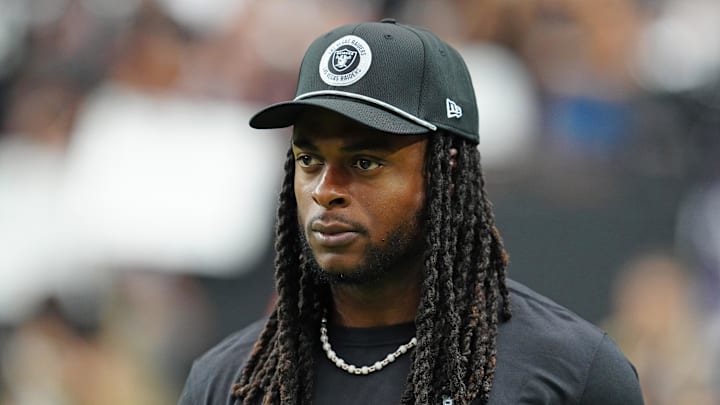 Sep 29, 2024; Paradise, Nevada, USA; Las Vegas Raiders wide receiver Davante Adams (17) walks the sideline before the start of a game between the Raiders and the Cleveland Browns at Allegiant Stadium. Mandatory Credit: Stephen R. Sylvanie-Imagn Images