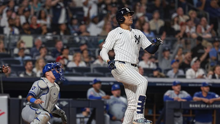 New York Yankees right fielder Juan Soto (22) looks up at his two run home run during the sixth inning against the Kansas City Royals at Yankee Stadium on Sept 11.