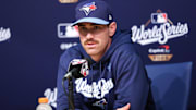 Oct 28, 2025; Los Angeles, California, USA; Toronto Blue Jays pitcher Shane Bieber (57) speaks at the postgame press conference after the game against the Los Angeles Dodgers during game four of the 2025 MLB World Series at Dodger Stadium.