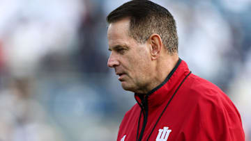 Nov 8, 2025; University Park, Pennsylvania, USA; Indiana Hoosiers head coach Curt Cignetti walks on the field prior to the game against the Penn State Nittany Lions at Beaver Stadium. Mandatory Credit: Matthew O'Haren-Imagn Images