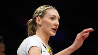 Sep 9, 2025; Phoenix, Arizona, USA; Los Angeles Sparks forward Cameron Brink (22) against the Phoenix Mercury during a WNBA game at PHX Arena. Mandatory Credit: Mark J. Rebilas-Imagn Images
