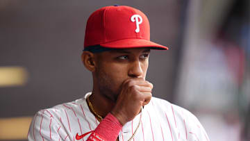 May 12, 2025; Philadelphia, Pennsylvania, USA; Philadelphia Phillies outfielder Johan Rojas (23) looks on before the game against the St. Louis Cardinals at Citizens Bank Park. Mandatory Credit: Kyle Ross-Imagn Images