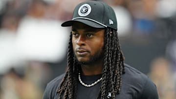Sep 29, 2024; Paradise, Nevada, USA; Las Vegas Raiders wide receiver Davante Adams (17) walks the sideline before the start of a game between the Raiders and the Cleveland Browns at Allegiant Stadium. Mandatory Credit: Stephen R. Sylvanie-Imagn Images