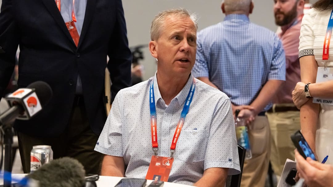 Mar 31, 2026; Phoenix, AZ, USA; Cleveland Browns head coach Todd Monken speaks to reporters in the media during the 2026 NFL Annual League Meeting at the Arizona Biltmore. Mandatory Credit: Mark J. Rebilas-Imagn Images