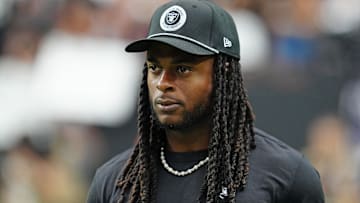 Sep 29, 2024; Paradise, Nevada, USA; Las Vegas Raiders wide receiver Davante Adams (17) walks the sideline before the start of a game between the Raiders and the Cleveland Browns at Allegiant Stadium. Mandatory Credit: Stephen R. Sylvanie-Imagn Images