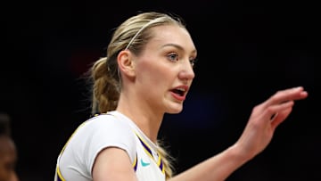 Sep 9, 2025; Phoenix, Arizona, USA; Los Angeles Sparks forward Cameron Brink (22) against the Phoenix Mercury during a WNBA game at PHX Arena. Mandatory Credit: Mark J. Rebilas-Imagn Images
